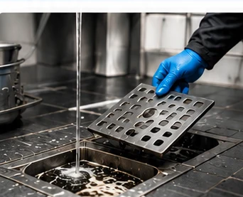 Illustration of servicing a commercial kitchen floor drain